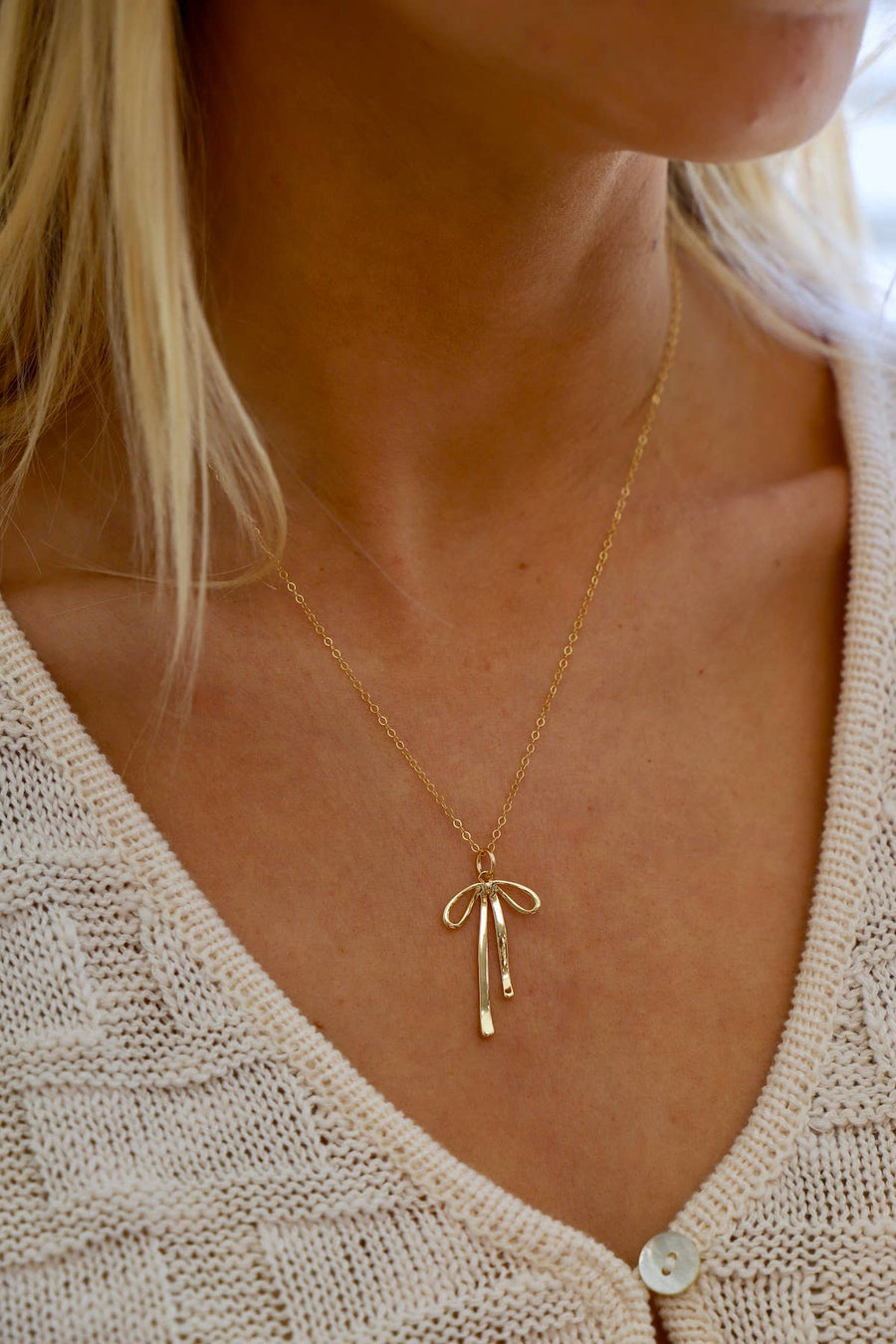 Gold Bow Ribbon Charm Necklace