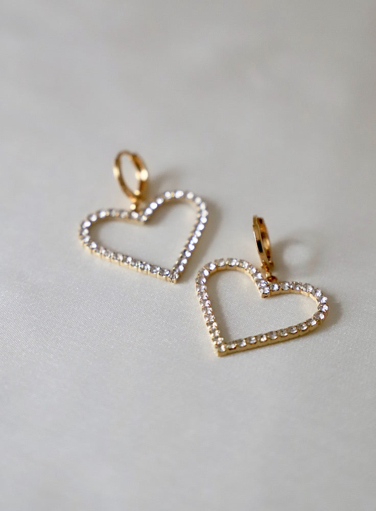 Crystal Heart Hoop Earrings Gold